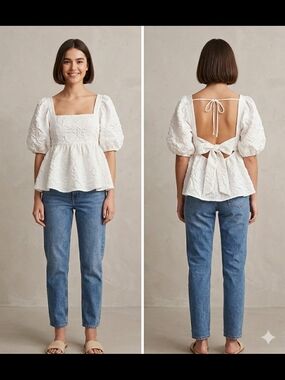 NWT H&M Divided White Textured Puff Sleeve Tie-Back Blouse Floral Jacquard SizeL